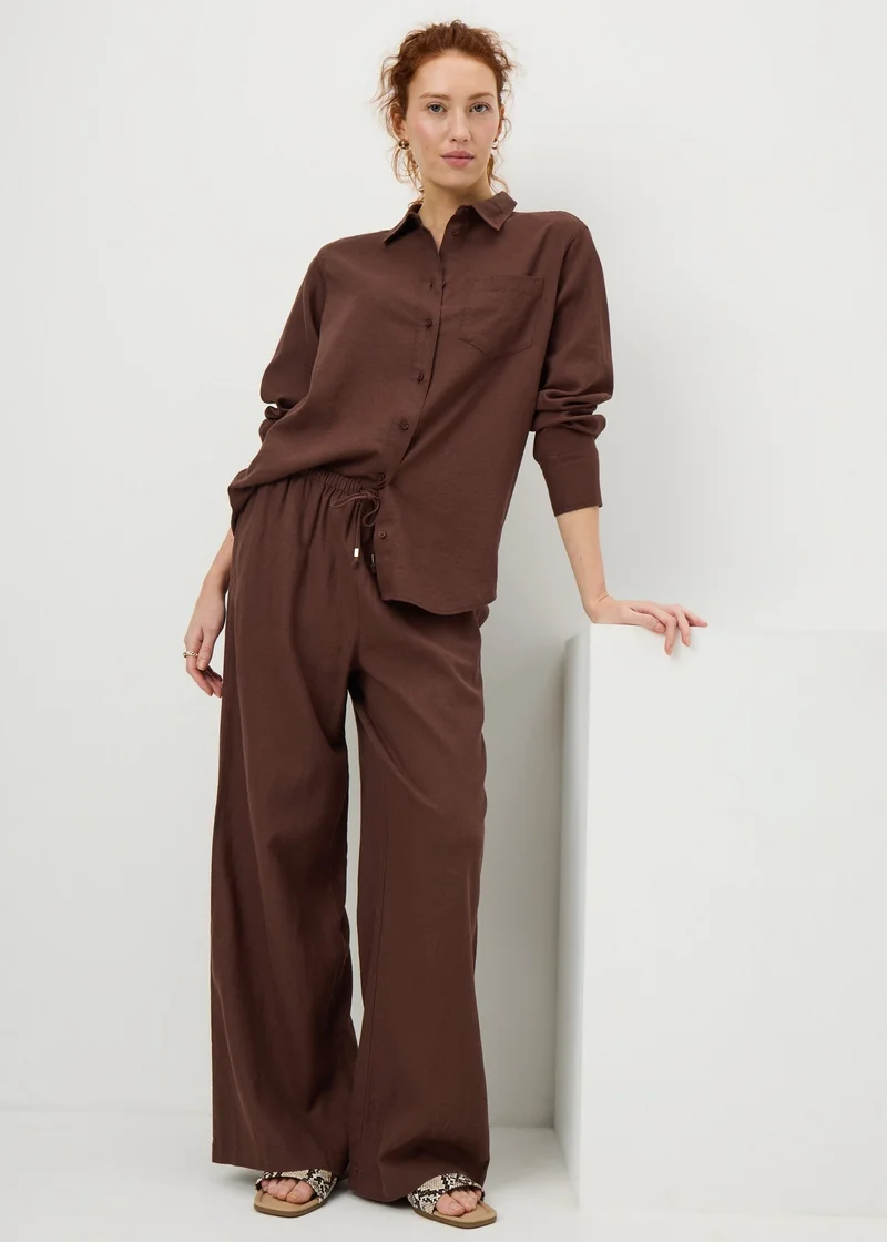 ماتلان Chocolate Brown Linen Wide Leg Co Ord Trousers